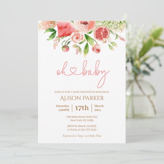 Roze Rose Floral Greenery Girl Baby shower Invitat Kaart (Staand voorkant)
