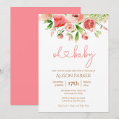 Roze Rose Floral Greenery Girl Baby shower Invitat Kaart (Voorkant / Achterkant)