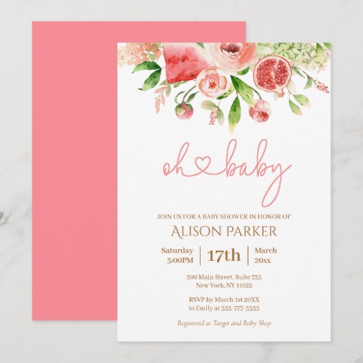 Roze Rose Floral Greenery Girl Baby shower Invitat Kaart (Voorkant / Achterkant)