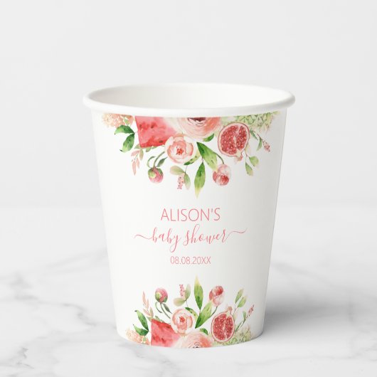 Roze Rose Floral Greenery Girl Baby shower Papieren Bekers (Achterkant)