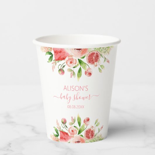 Roze Rose Floral Greenery Girl Baby shower Papieren Bekers (Voorkant)