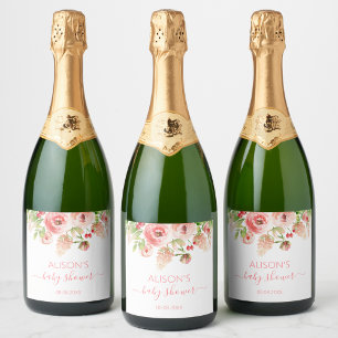 Roze Rose Floral Greenery Girl Baby shower Sparkling Wijnetiket