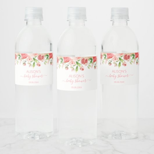 Roze Rose Floral Greenery Girl Baby shower Waterfles Etiket (Flessen)