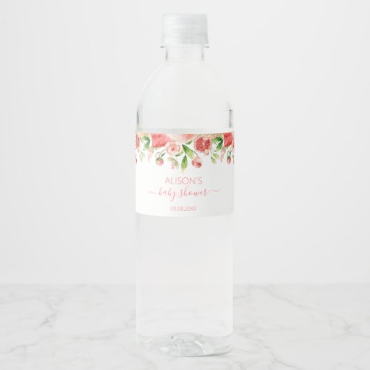 Roze Rose Floral Greenery Girl Baby shower Waterfles Etiket (Voorkant)