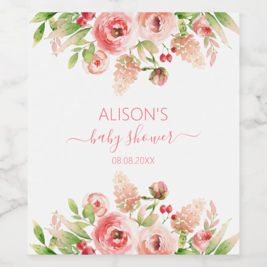 Roze Rose Floral Greenery Girl Baby shower Wijn Etiket (Enkel label)