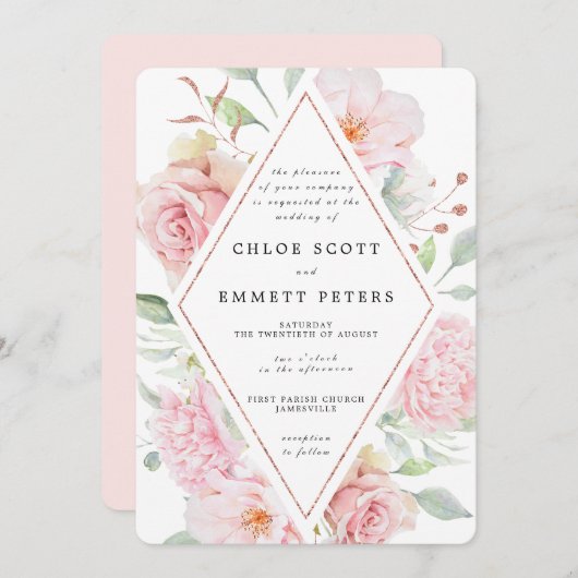 Roze Rose Floral Modern Waterolor Wedding Kaart (Voorkant / Achterkant)