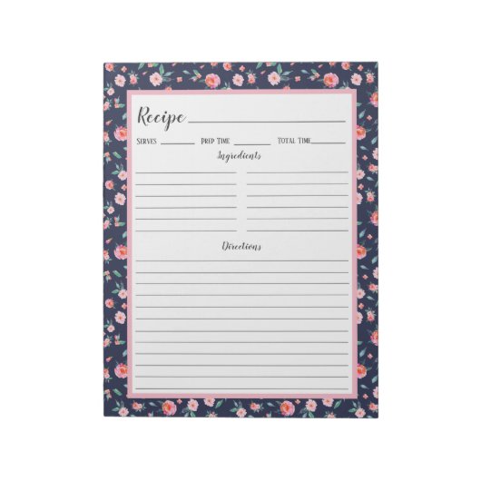 Roze Rose Floral Navy Blue Pattern Recipe Notitieblok (Linkerzijde)