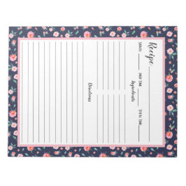 Roze Rose Floral Navy Blue Pattern Recipe Notitieblok