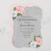 Roze Rose Floral Silver Quinceanera Party Invite Kaart (Voorkant / Achterkant)