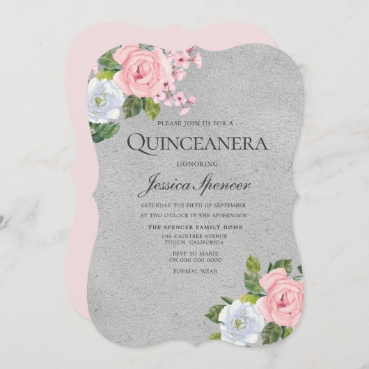 Roze Rose Floral Silver Quinceanera Party Invite Kaart (Voorkant / Achterkant)