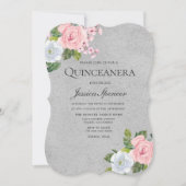 Roze Rose Floral Silver Quinceanera Party Invite Kaart (Voorkant)