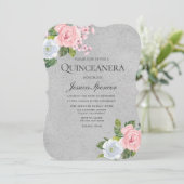 Roze Rose Floral Silver Quinceanera Party Invite Kaart (Staand voorkant)