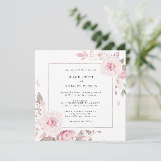 Roze Rose Floral Square Weddenschap Kaart (Staand voorkant)