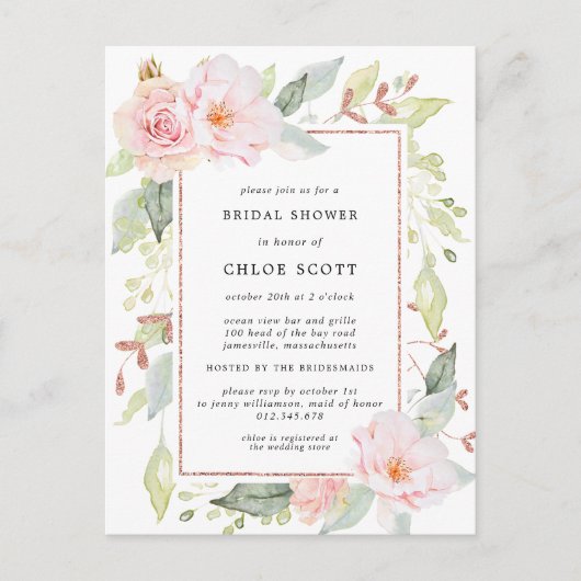 Roze Rose Floral Vrijgezellenfeest Uitnodiging Briefkaart (Voorkant)