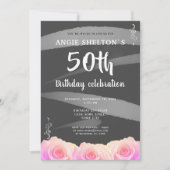 Roze Rose Floral Waterverf Stripes 50th Birthday Kaart (Voorkant)