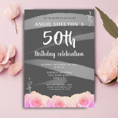 Roze Rose Floral Waterverf Stripes 50th Birthday Kaart