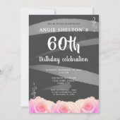 Roze Rose Floral Waterverf Stripes 60th Birthday Kaart (Voorkant)