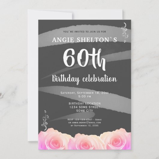 Roze Rose Floral Waterverf Stripes 60th Birthday Kaart (Voorkant)