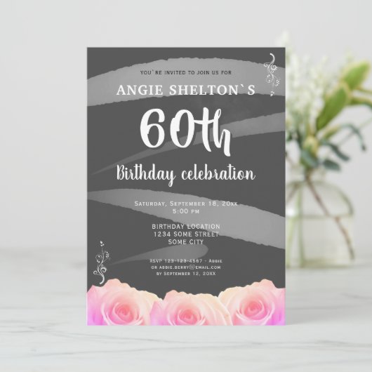 Roze Rose Floral Waterverf Stripes 60th Birthday Kaart (Staand voorkant)