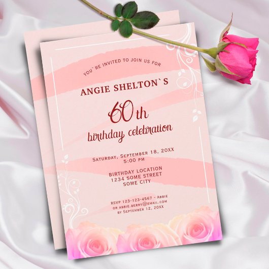 Roze Rose Floral Waterverf Stripes 60th Birthday Kaart