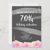 Roze Rose Floral Waterverf Stripes 70e verjaardag Kaart (Voorkant)