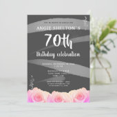 Roze Rose Floral Waterverf Stripes 70e verjaardag Kaart (Staand voorkant)