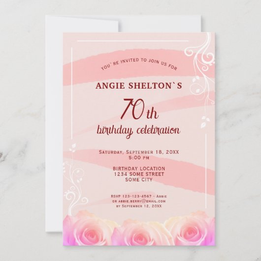 Roze Rose Floral Waterverf Stripes 70e verjaardag Kaart (Voorkant)