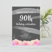 Roze Rose Floral Waterverf Stripes 90th Birthday Kaart (Staand voorkant)