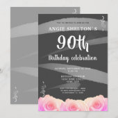 Roze Rose Floral Waterverf Stripes 90th Birthday Kaart (Voorkant / Achterkant)