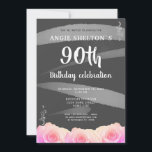 Roze Rose Floral Waterverf Stripes 90th Birthday Kaart<br><div class="desc">Roze Rose Floral Waterverf Stripes 90th Birthday Invitation. Viel de 90ste verjaardag van een speciale vrouw met een levendige uitnodiging! Dit ontwerp is voorzien van roze rozen en heldere grijze strepen op een grijze achtergrond, waardoor er een verbluffend uiterlijk ontstaat. Nodig je speciale gast uit om mee te doen voor...</div>