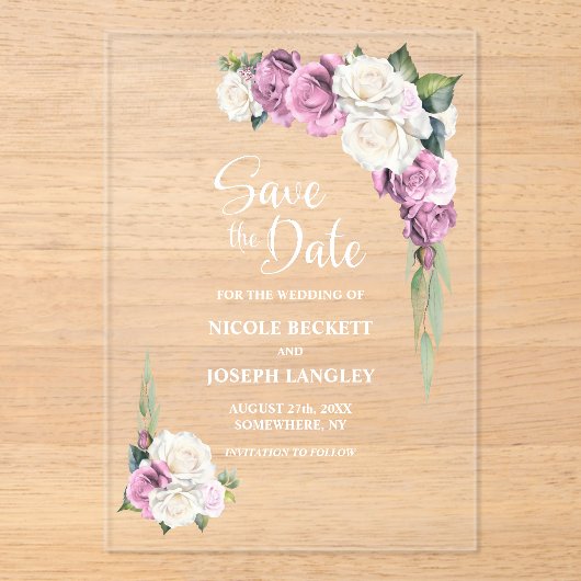 Roze Rose Floral Wedding Save the Date Acryl Uitnodigingen (Voorkant)