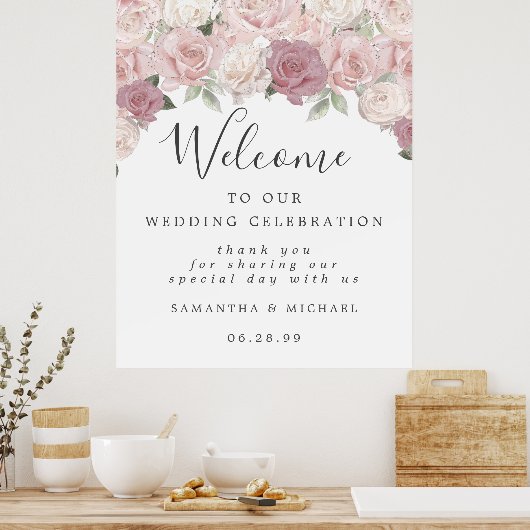 Roze Rose Floral Welkom bij ons trouwbord Poster (Keuken)