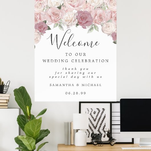 Roze Rose Floral Welkom bij ons trouwbord Poster (Thuiskantoor)