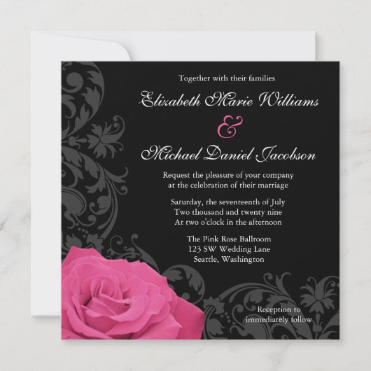 Roze Rose Flourish Wedding Kaart (Voorkant)