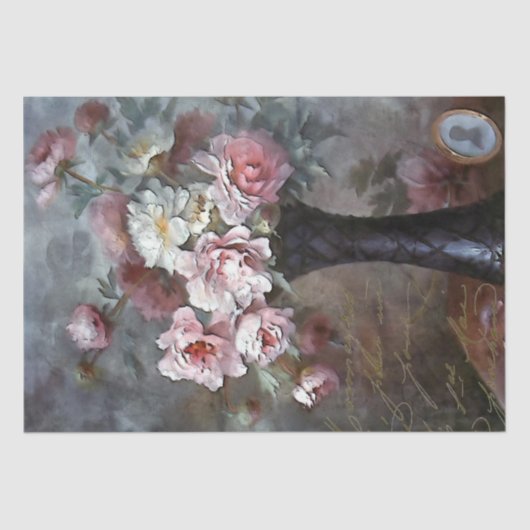 Roze Rose Flowers French Script Vase Decoupage Tissuepapier (Voorkant)