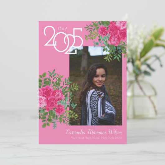 Roze Rose Foto Afstuderen Aankondiging (Staand voorkant)