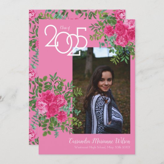 Roze Rose  Foto Afstuderen Aankondiging (Voorkant / Achterkant)