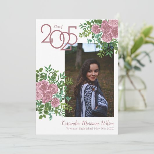 Roze Rose Foto Afstuderen Aankondiging (Staand voorkant)