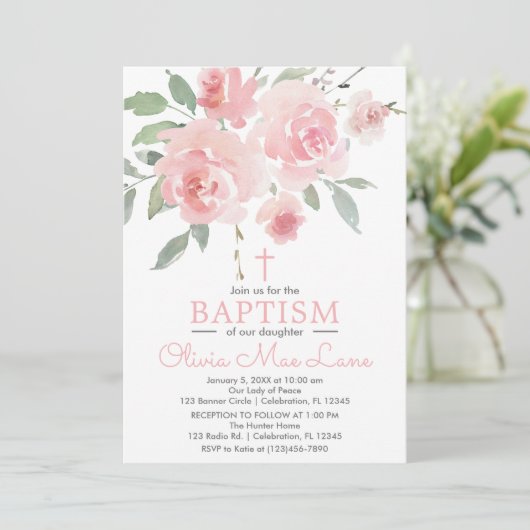 Roze Rose Garden Girl Baptism Kaart (Staand voorkant)