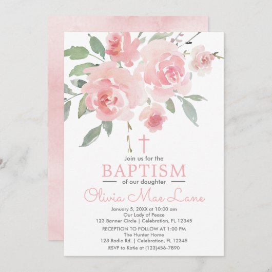 Roze Rose Garden Girl Baptism Kaart (Voorkant / Achterkant)