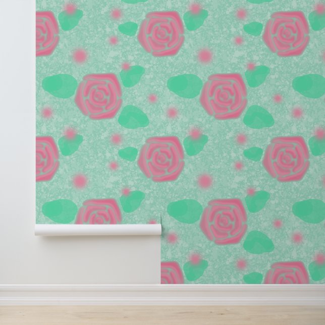 Roze Rose Garden Mint Groene textuur Behang (Applicatie)