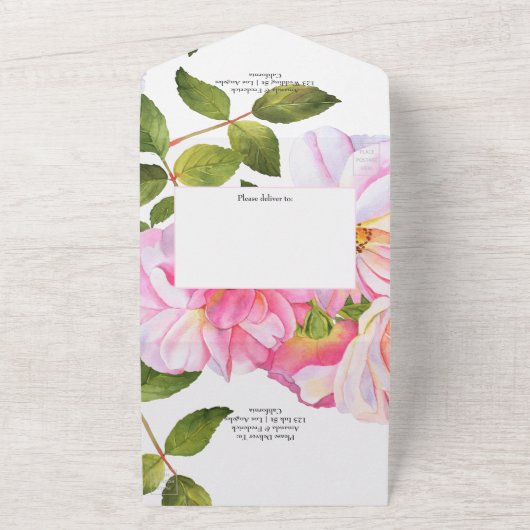 Roze Rose Garden Wedding All In One Uitnodiging (Buitenkant)