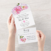 Roze Rose Garden Wedding All In One Uitnodiging (Afscheurbaar)