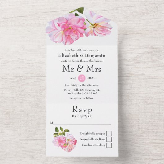 Roze Rose Garden Wedding All In One Uitnodiging (Binnen)