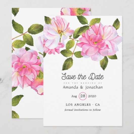 Roze Rose Garden Wedding Save The Date (Voorkant / Achterkant)