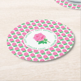 Roze Rose Gelukkige Verjaardag Ronde Kartonnen Onderzetter