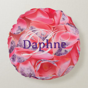 Roze Rose Girly Bloemen Moderne Monogram Naam Rond Kussen