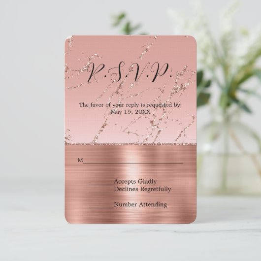 Roze Rose Glam Glitter Bruiloft RSVP (Staand voorkant)