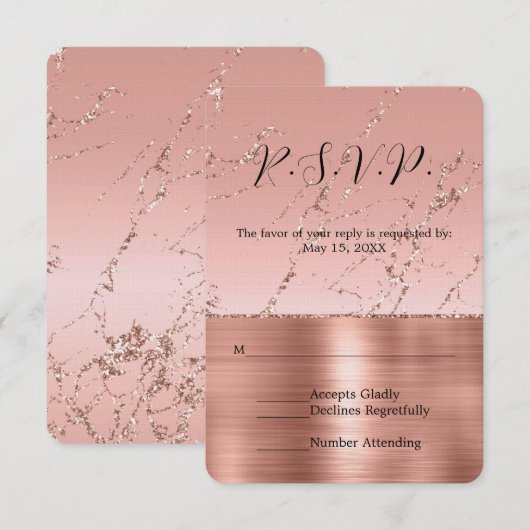 Roze Rose Glam Glitter Bruiloft RSVP Kaartje (Voorkant / Achterkant)