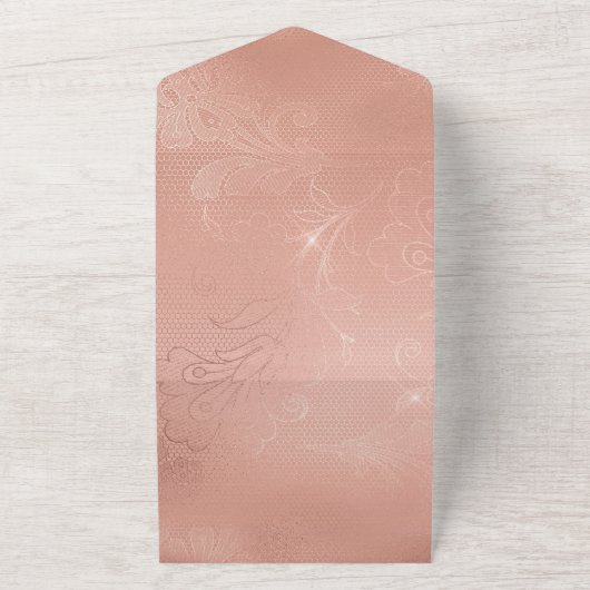 Roze Rose Glam Kant Bruiloft All In One Uitnodiging (Buitenkant)